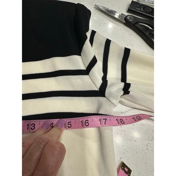 Misook Cardigan Black Ivory stripe Rhinestone Button Classy Chic Feminine S - Picture 11 of 12